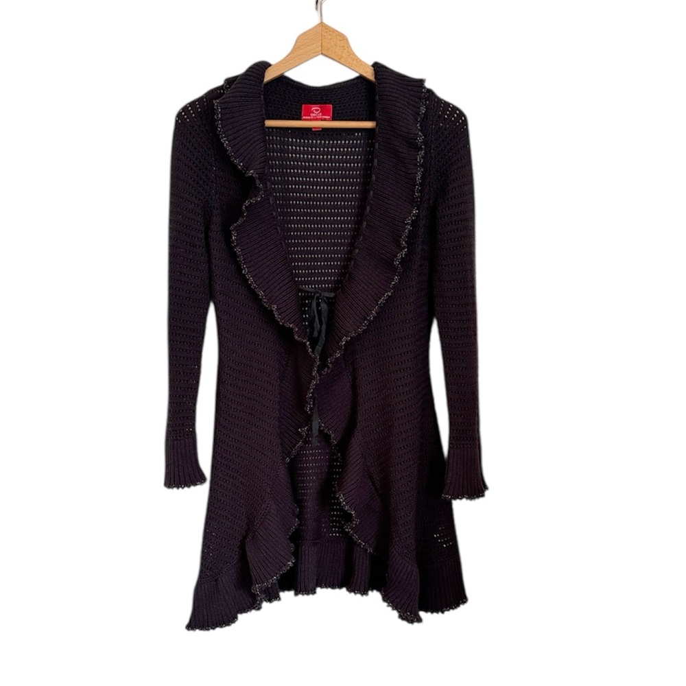 O Oscar De La Renta Womens Y2K Knit Ruffled Tie-front Duster Cardigan size M